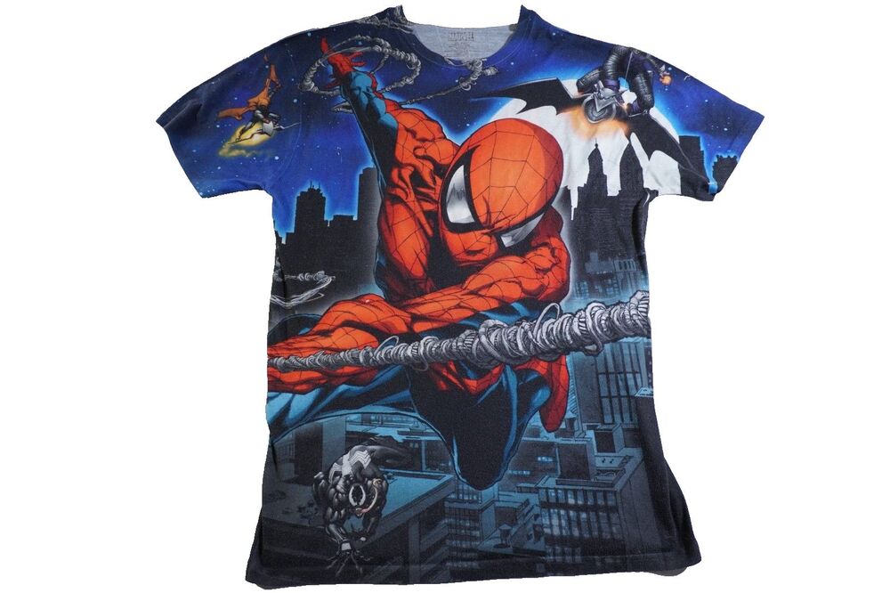 Marvel Spiderman Shirt Mens Medium Blue All Over Print Front and Back Wrap